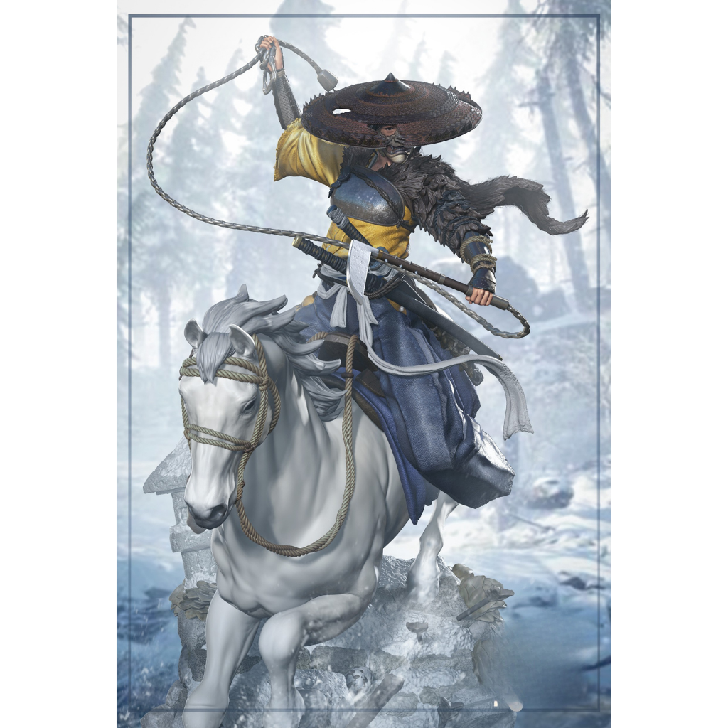 imagem ilustrativas do modelo a ser produzido,  Figure Atsu impressa em resina. Detalhes de samurai impressionantes. 