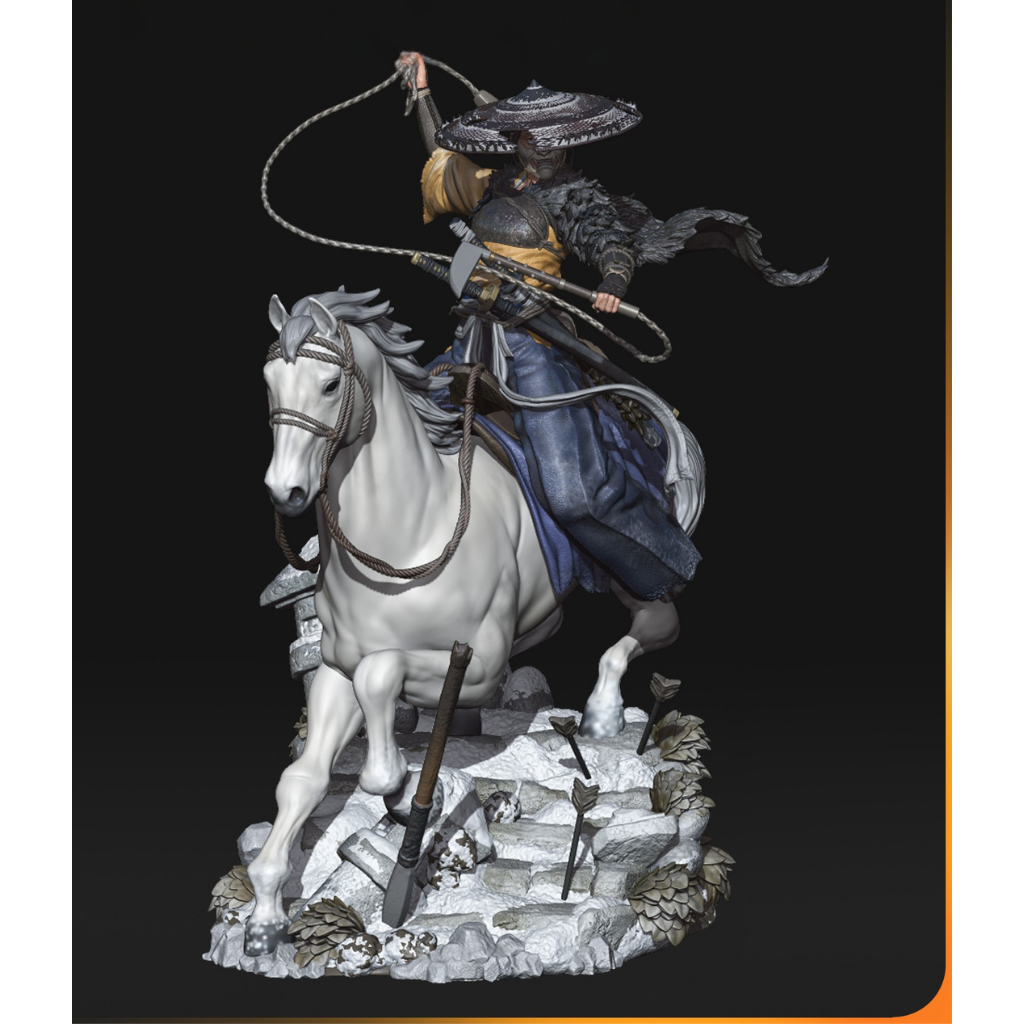imagem ilustrativas do modelo a ser produzido,  Figure Atsu impressa em resina. Detalhes de samurai impressionantes. 