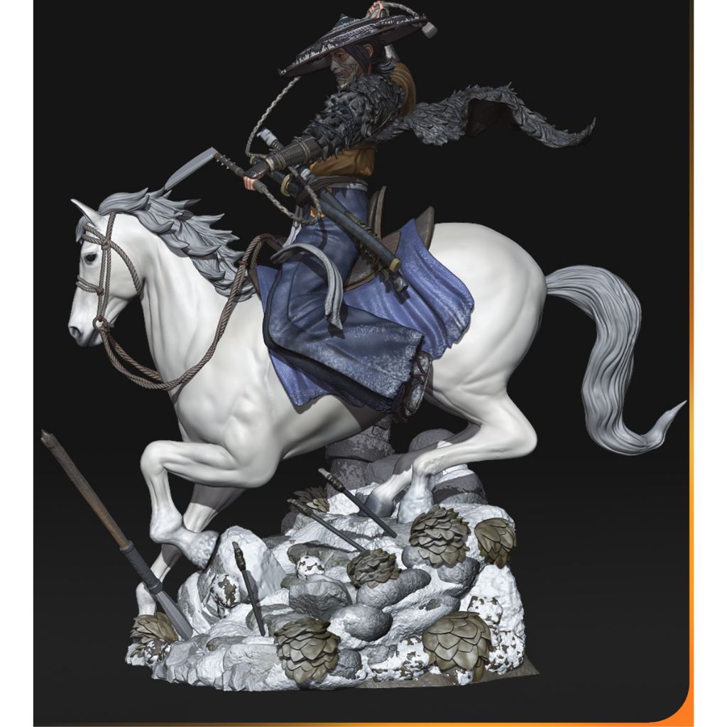 imagem ilustrativas do modelo a ser produzido,  Figure Atsu impressa em resina. Detalhes de samurai impressionantes. 