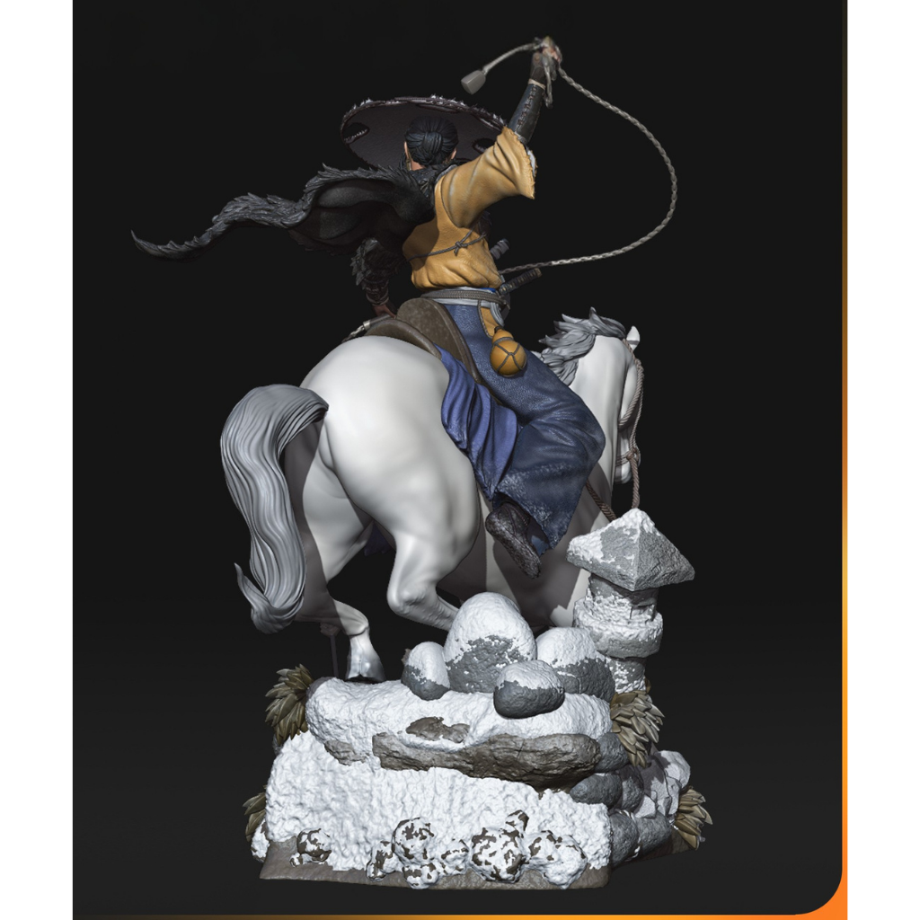 imagem ilustrativas do modelo a ser produzido,  Figure Atsu impressa em resina. Detalhes de samurai impressionantes. 
