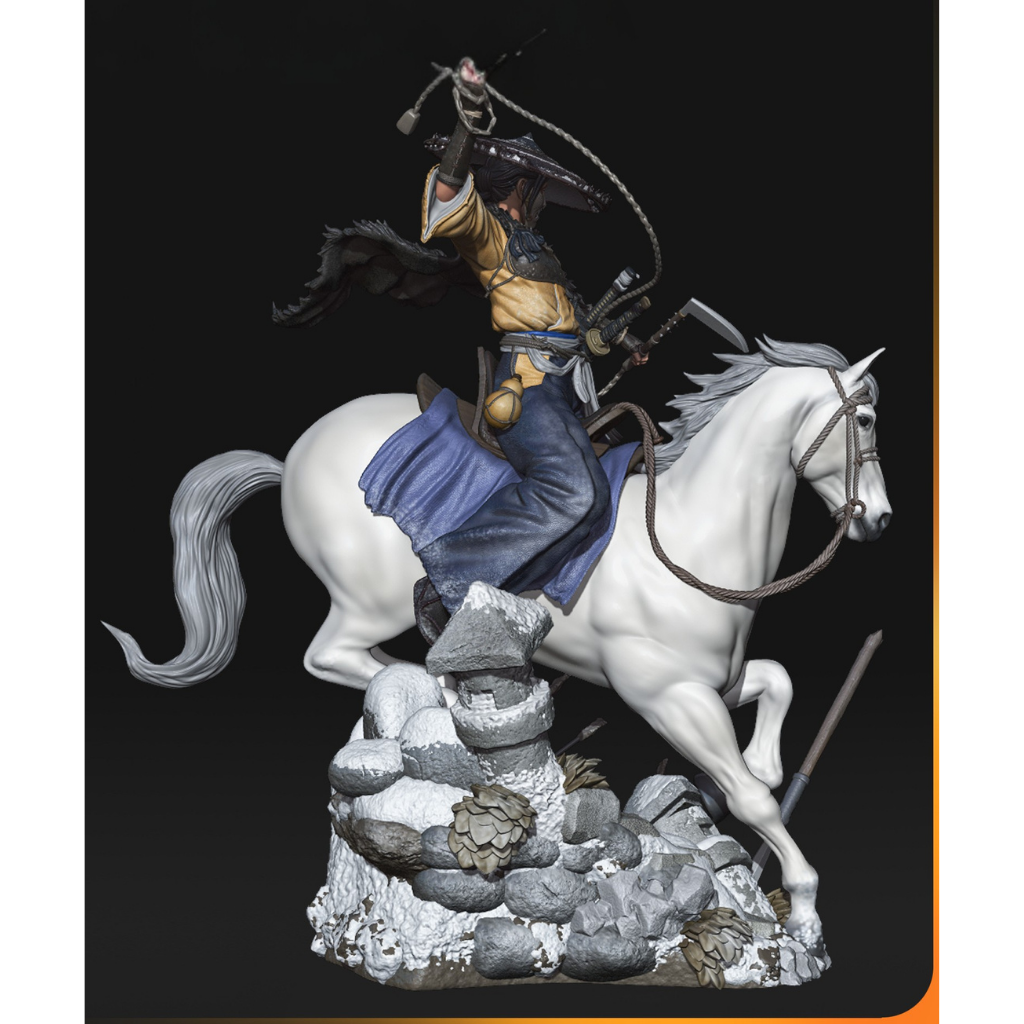 imagem ilustrativas do modelo a ser produzido,  Figure Atsu impressa em resina. Detalhes de samurai impressionantes. 