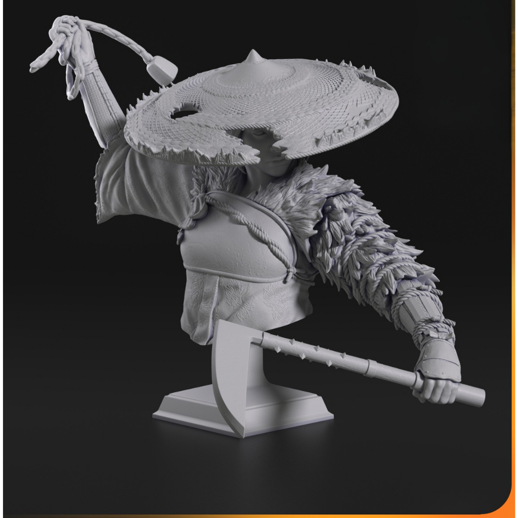 imagem ilustrativas do modelo a ser produzido,  busto Atsu impressa em resina. Detalhes de samurai impressionantes. 