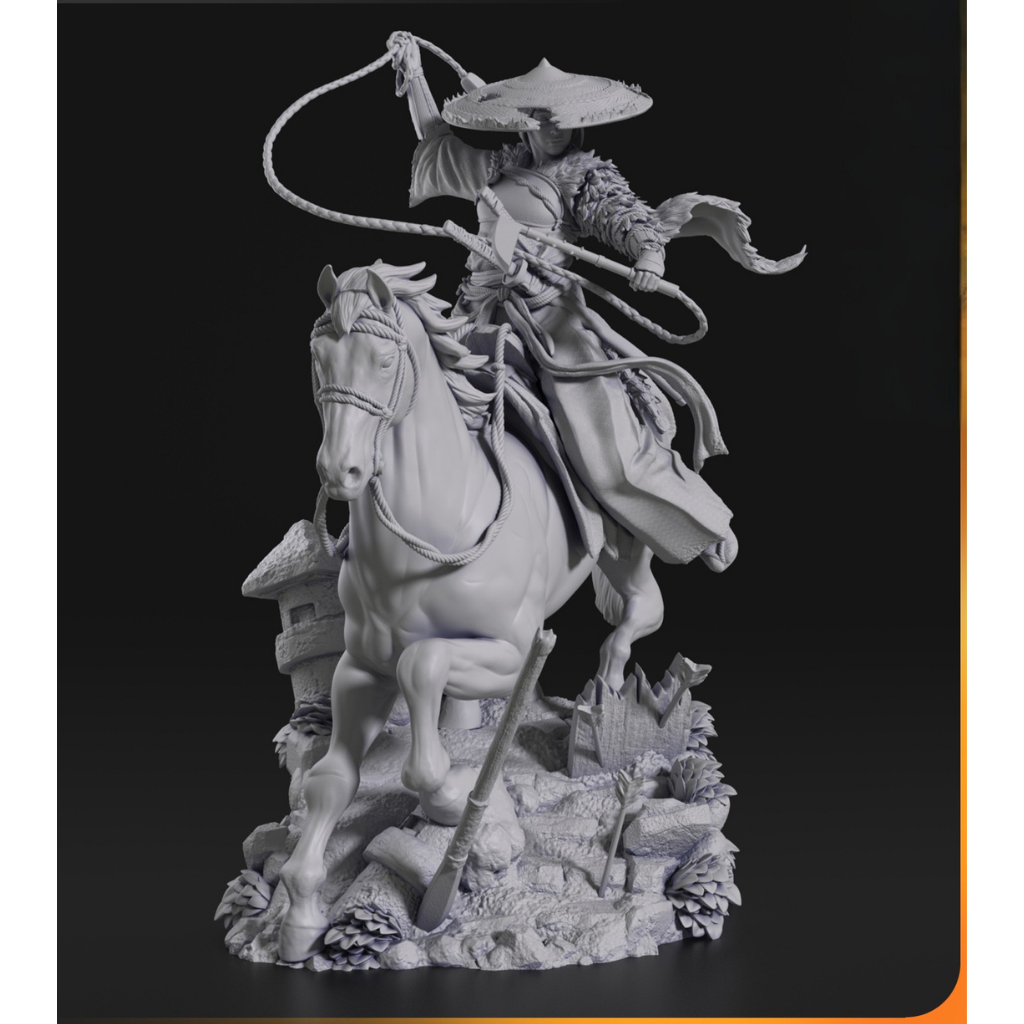 imagem ilustrativas do modelo a ser produzido,  Figure Atsu impressa em resina. Detalhes de samurai impressionantes. 