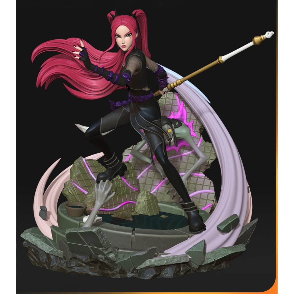 imagem ilustrativas do modelo a ser produzido,  Figure Mira impressa em 3D. Design único Kpop Demon Hunters. 