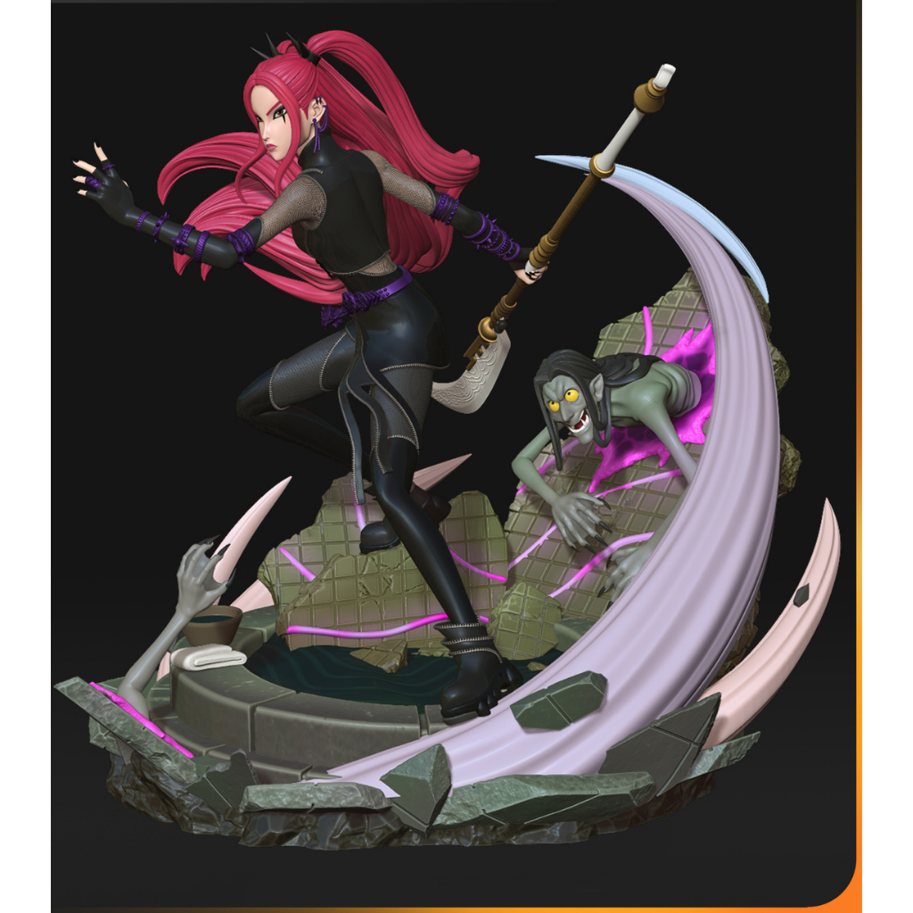 imagem ilustrativas do modelo a ser produzido,  Figure Mira impressa em 3D. Design único Kpop Demon Hunters. 