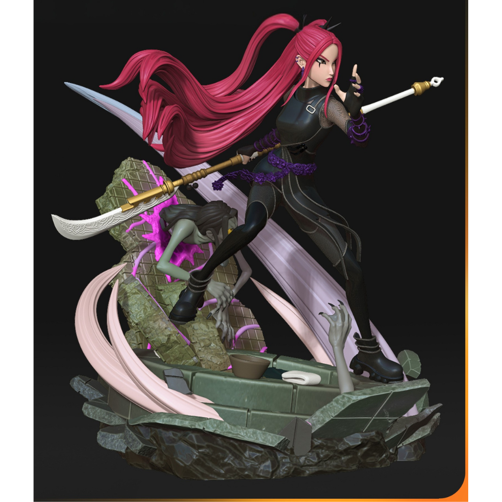 imagem ilustrativas do modelo a ser produzido,  Figure Mira impressa em 3D. Design único Kpop Demon Hunters. 