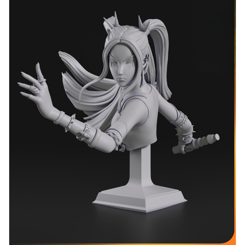 imagem ilustrativas do modelo a ser produzido,  Busto Mira impressa em 3D. Design único Kpop Demon Hunters. 