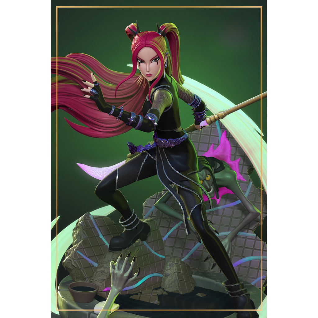 imagem ilustrativas do modelo a ser produzido,  Figure Mira impressa em 3D. Design único Kpop Demon Hunters. 