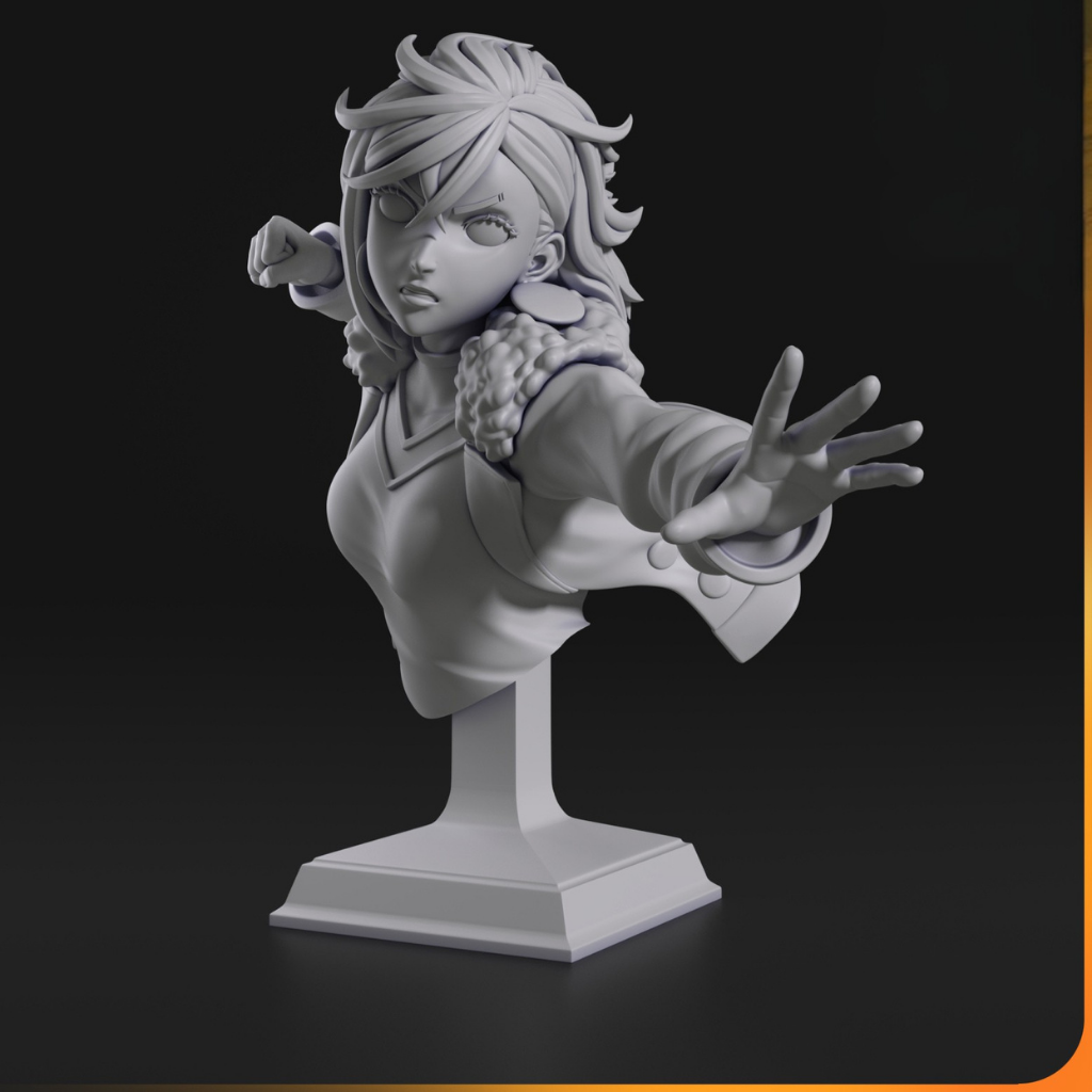 imagens ilustrativas do modelo a ser produzido , Busto Momo Ayase do anime Dandadan, impressa em 3D