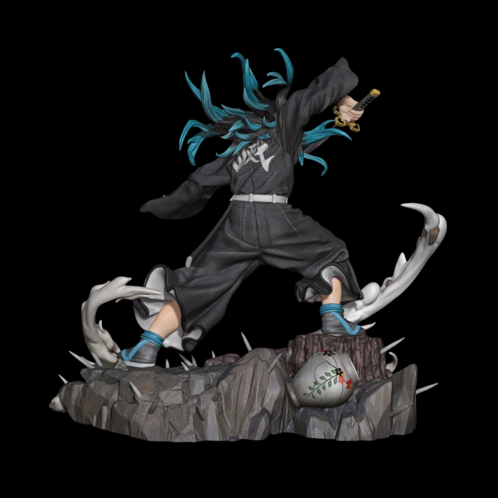 imagem ilustrativa na visão traseira figure muichiro tokito emon slayer para encomenda