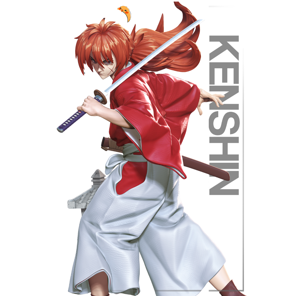 imagem ilustrativas do modelo a ser produzido, Figure Kenshin impressa em 3D, pronta para a ação. Peça clássica de anime Samurai X em resina