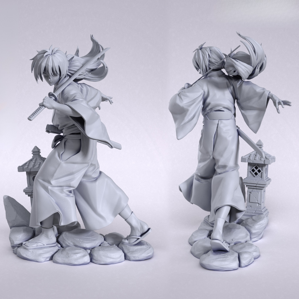 imagem ilustrativas do modelo a ser produzido, Figure Kenshin impressa em 3D, pronta para a ação. Peça clássica de anime Samurai X em resina