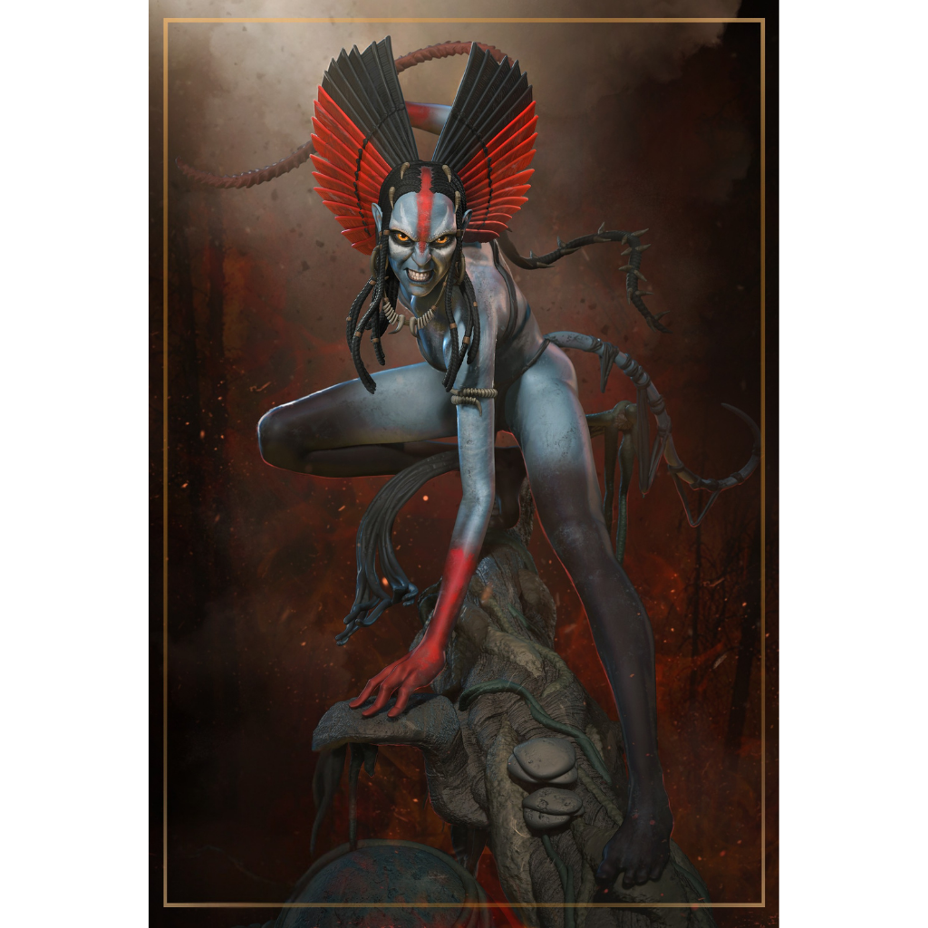 imagens ilustrativas do modelo a ser produzido, Figure Varang inspirada em Avatar, impressa em 3D