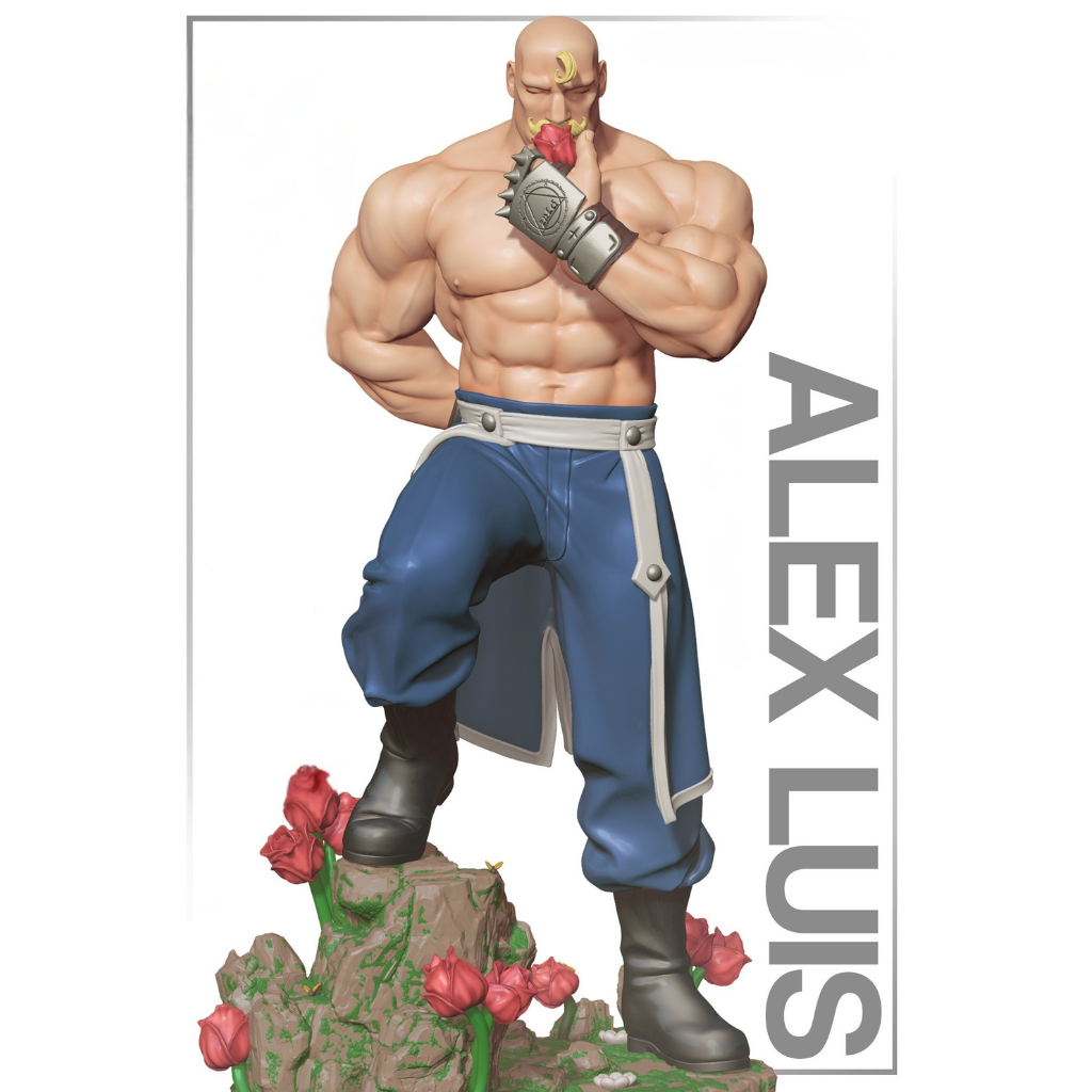imagem ilustrativas do modelo a ser produzido, Figure Alex Louis Armstrong de Fullmetal Alchemist. Músculos e detalhes em resina.