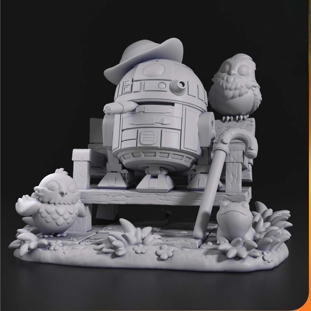 imagem ilustrativas do modelo a ser produzido, Figure Chibi R2D2 star warsimpressa em resina.