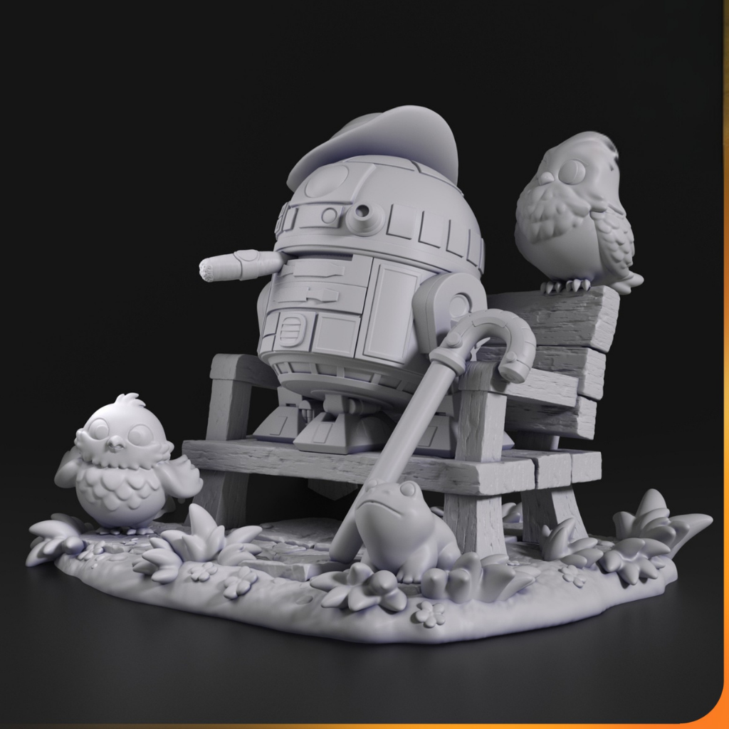 imagem ilustrativas do modelo a ser produzido, Figure Chibi R2D2 star warsimpressa em resina.