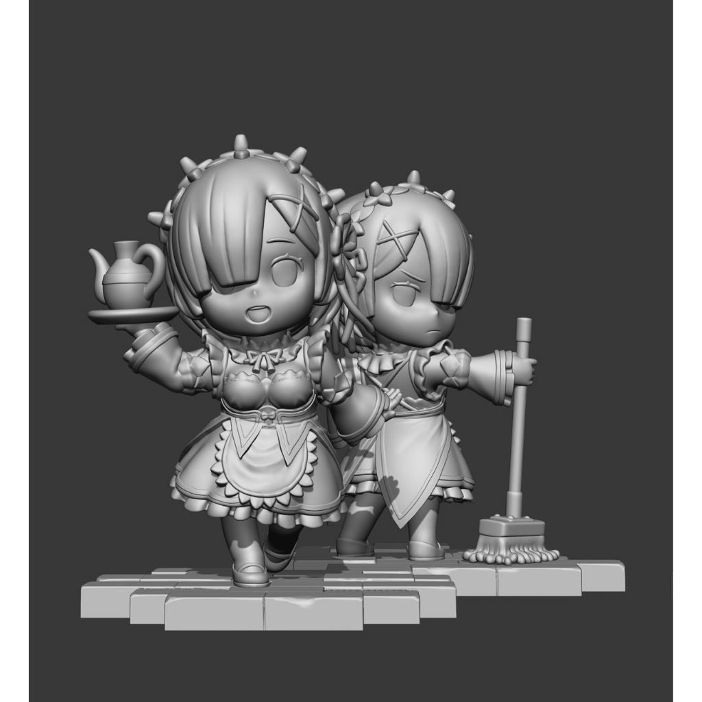 imagens são ilustrativas do modelo a ser produzido, Figure Chibi Rem e Ram de Re:Zero, impressas em resina.